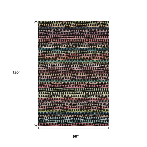 8' X 10' Black Green And Red Striped Washable Area Rug With UV Protection
