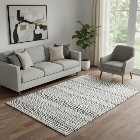 5' X 8' Ivory Brown And Gray Striped Washable Area Rug With UV Protection