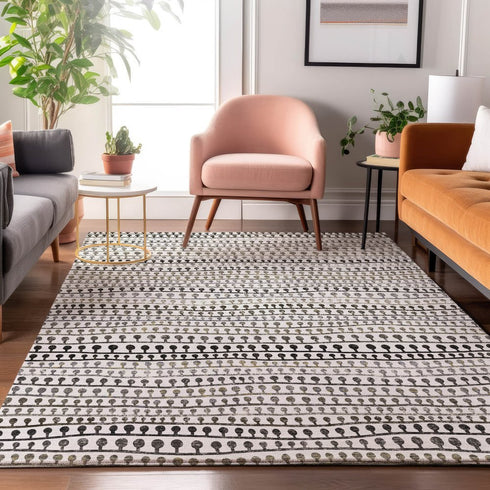 8' X 10' Ivory Brown And Gray Striped Washable Area Rug With UV Protection