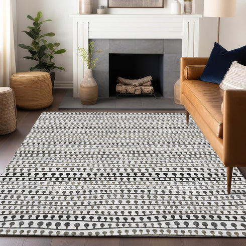 8' X 10' Ivory Brown And Gray Striped Washable Area Rug With UV Protection
