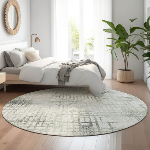 8' Green And Ivory Abstract Geometric Washable Round Rug With UV Protection