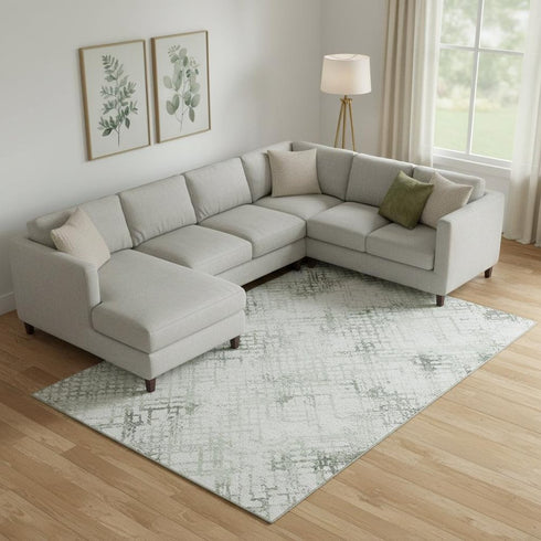 9' X 12' Green And Ivory Abstract Geometric Washable Area Rug With UV Protection