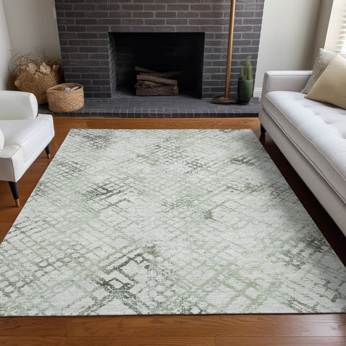 9' X 12' Green And Ivory Abstract Geometric Washable Area Rug With UV Protection