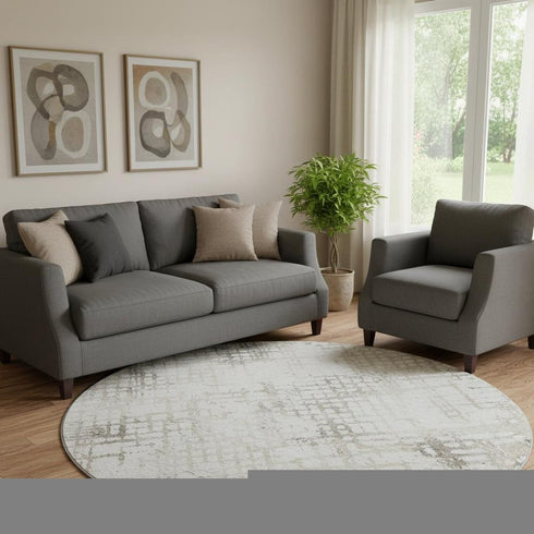 8' Taupe And Ivory Abstract Geometric Washable Round Rug With UV Protection