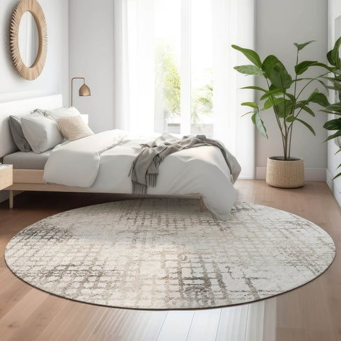 8' Taupe And Ivory Abstract Geometric Washable Round Rug With UV Protection