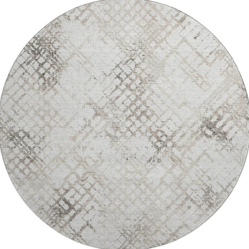8' Taupe And Ivory Abstract Geometric Washable Round Rug With UV Protection