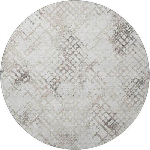 8' Taupe And Ivory Abstract Geometric Washable Round Rug With UV Protection