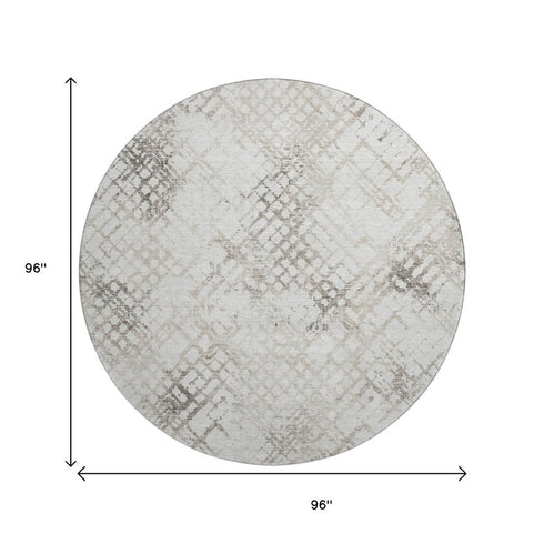 8' Taupe And Ivory Abstract Geometric Washable Round Rug With UV Protection