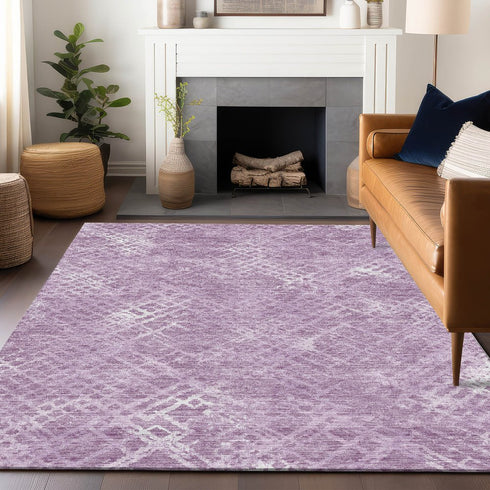9' X 12' Lavender And Ivory Abstract Geometric Washable Area Rug With UV Protection