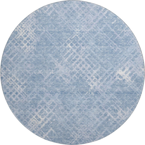 8' Sky Blue And Ivory Abstract Geometric Washable Round Rug With UV Protection