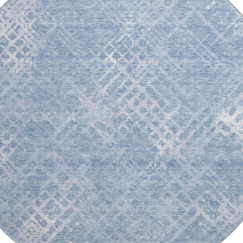 8' Sky Blue And Ivory Abstract Geometric Washable Round Rug With UV Protection