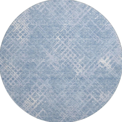8' Sky Blue And Ivory Abstract Geometric Washable Round Rug With UV Protection