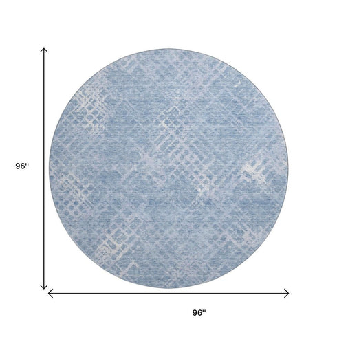 8' Sky Blue And Ivory Abstract Geometric Washable Round Rug With UV Protection