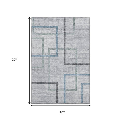 8' X 10' Gray And Blue Geometric Washable Area Rug With UV Protection