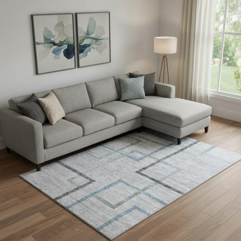 8' X 10' Gray And Blue Geometric Washable Area Rug With UV Protection