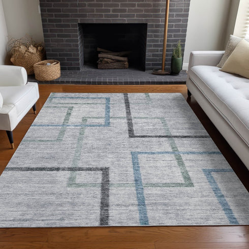 8' X 10' Gray And Blue Geometric Washable Area Rug With UV Protection
