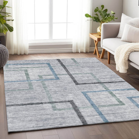 8' X 10' Gray And Blue Geometric Washable Area Rug With UV Protection