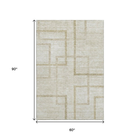 5' X 8' Beige And Taupe Geometric Washable Area Rug With UV Protection