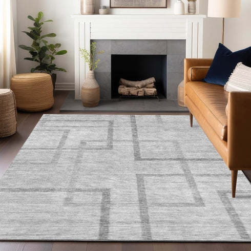 8' X 10' Gray And Silver Geometric Washable Area Rug With UV Protection