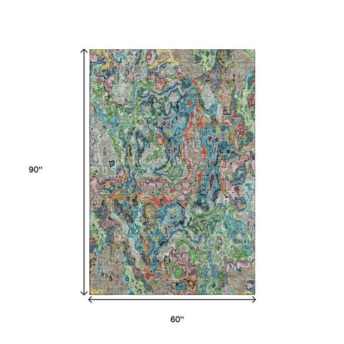 5' X 8' Blue Orange And Green Abstract Washable Area Rug With UV Protection