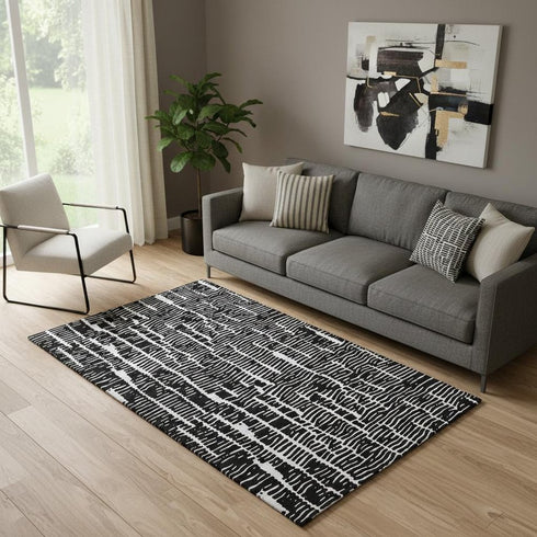 5' X 8' Black And Ivory Vermicular Washable Area Rug With UV Protection