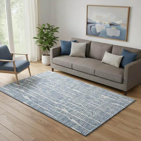 5' X 8' Blue And Ivory Vermicular Washable Area Rug With UV Protection