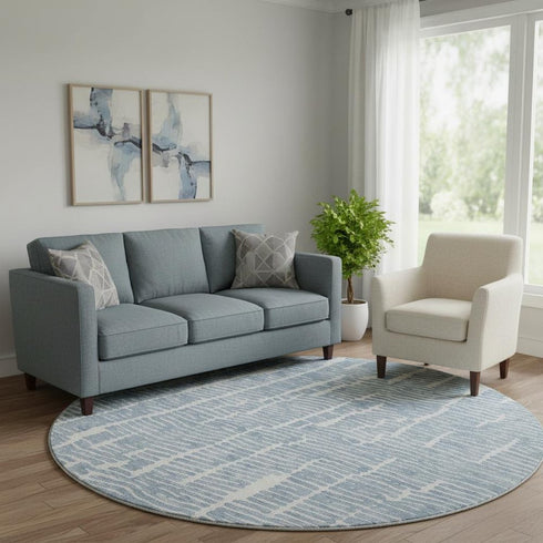 8' Blue And Ivory Vermicular Washable Round Rug With UV Protection