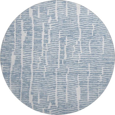 8' Blue And Ivory Vermicular Washable Round Rug With UV Protection