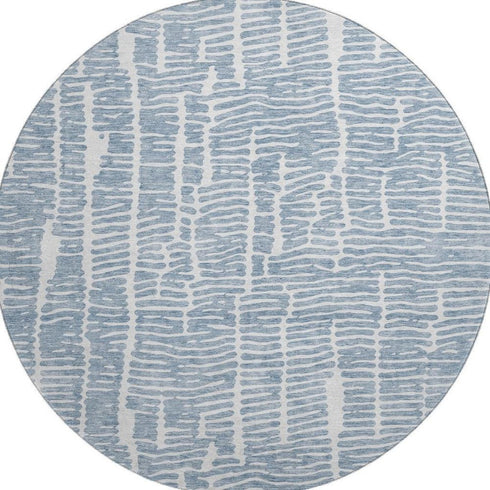 8' Blue And Ivory Vermicular Washable Round Rug With UV Protection