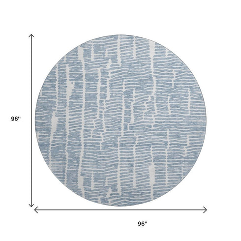 8' Blue And Ivory Vermicular Washable Round Rug With UV Protection
