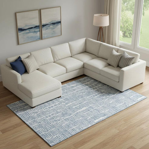 8' X 10' Blue And Ivory Vermicular Washable Area Rug With UV Protection