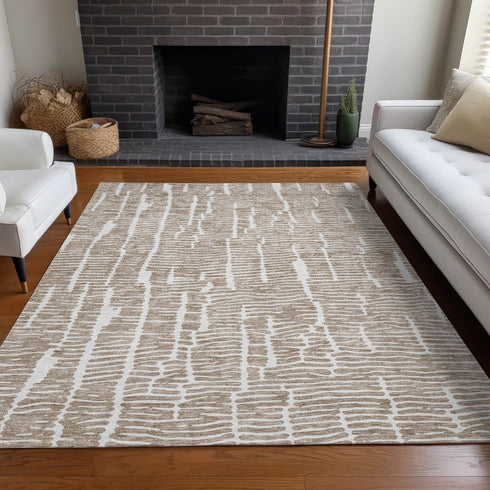 9' X 12' Brown And Ivory Vermicular Washable Area Rug With UV Protection