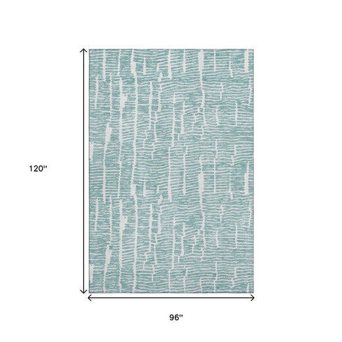 8' X 10' Teal And Ivory Vermicular Washable Area Rug With UV Protection