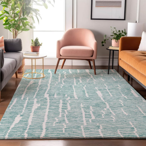8' X 10' Teal And Ivory Vermicular Washable Area Rug With UV Protection