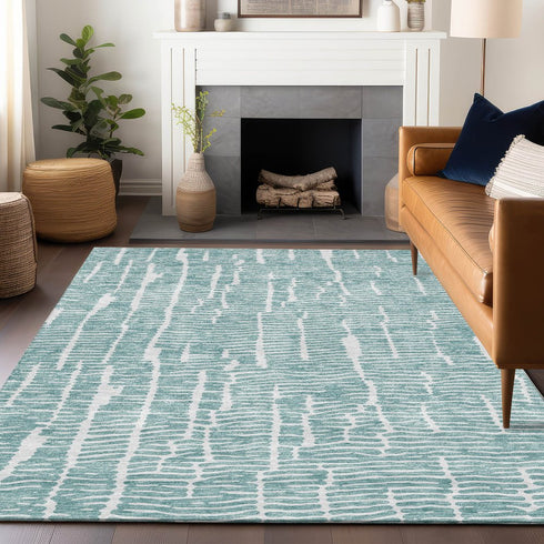 8' X 10' Teal And Ivory Vermicular Washable Area Rug With UV Protection