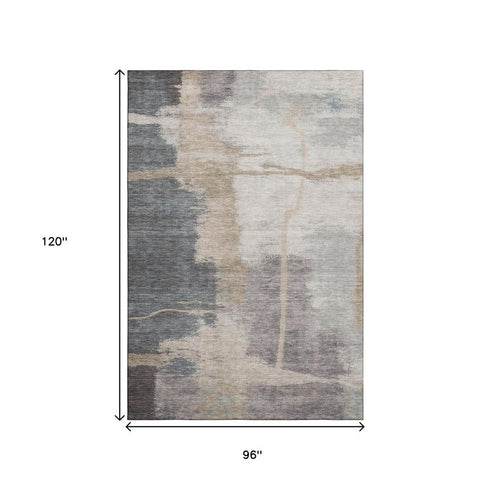 8' X 10' Gray Beige And Ivory Abstract Washable Area Rug With UV Protection