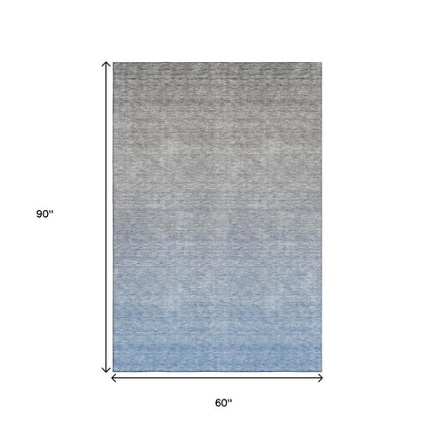 5' X 8' Blue And Gray Ombre Washable Area Rug With UV Protection