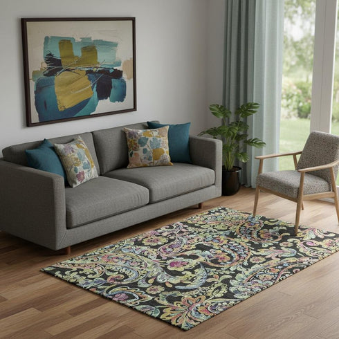5' X 8' Black Blue And Pink Paisley Washable Area Rug With UV Protection