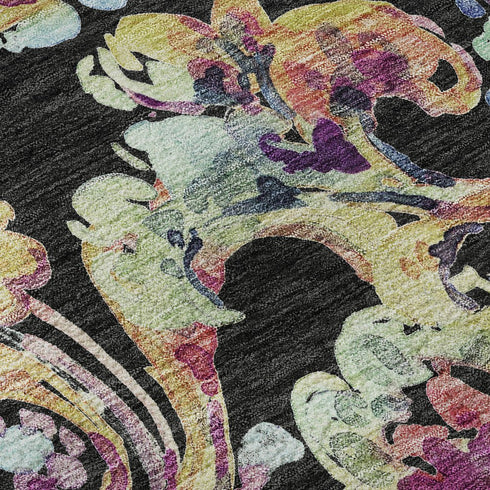 5' X 8' Black Blue And Pink Paisley Washable Area Rug With UV Protection