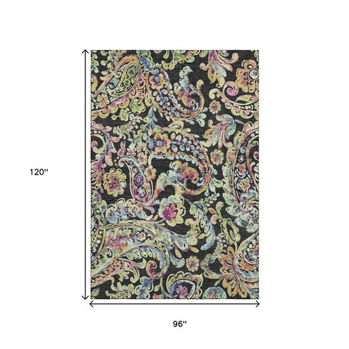 8' X 10' Black Blue And Pink Paisley Washable Area Rug With UV Protection