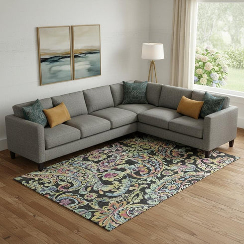 8' X 10' Black Blue And Pink Paisley Washable Area Rug With UV Protection