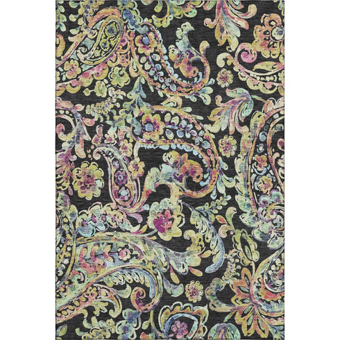 8' X 10' Black Blue And Pink Paisley Washable Area Rug With UV Protection