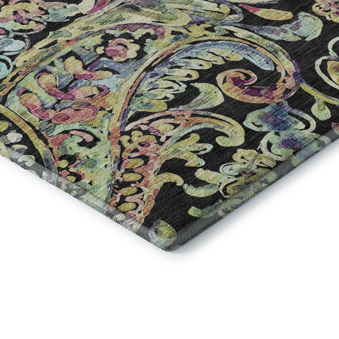 8' X 10' Black Blue And Pink Paisley Washable Area Rug With UV Protection