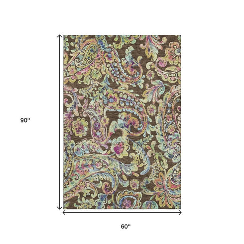 5' X 8' Chocolate Blue And Pink Paisley Washable Area Rug With UV Protection