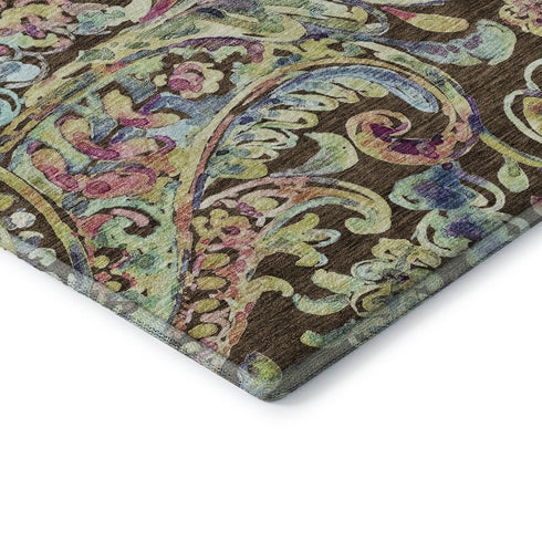 5' X 8' Chocolate Blue And Pink Paisley Washable Area Rug With UV Protection