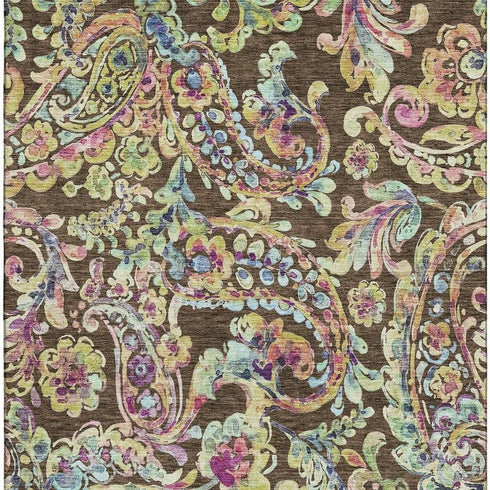 5' X 8' Chocolate Blue And Pink Paisley Washable Area Rug With UV Protection