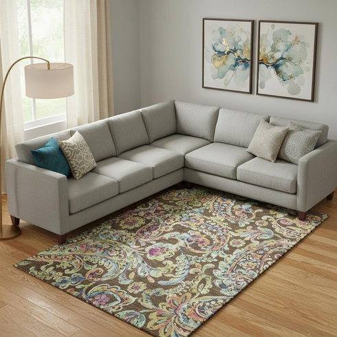 8' X 10' Chocolate Blue And Pink Paisley Washable Area Rug With UV Protection