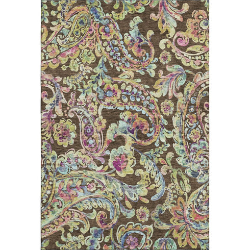 8' X 10' Chocolate Blue And Pink Paisley Washable Area Rug With UV Protection