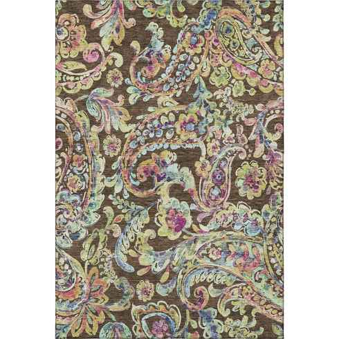 8' X 10' Chocolate Blue And Pink Paisley Washable Area Rug With UV Protection