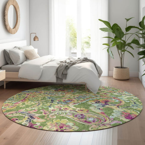 8' Fern Green Blue And Pink Paisley Washable Round Rug With UV Protection